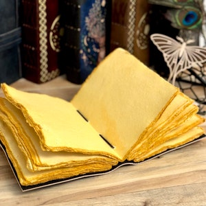 K&ouml;nnte beinhalten: Ein handgemachtes Journal mit einem schwarzen Lederumschlag und vergilbten Papierseiten. Das Journal ist ge&ouml;ffnet, um die geschichteten Seiten zu zeigen.