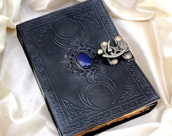 Grimoire journal,book of shadows, Vintage Leather Journal Third Eye Crystal Stone Triple Moon journal, blank witch spell book, Leather Gifts