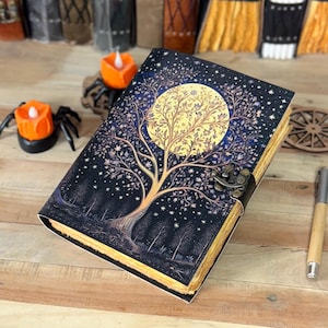 400 Page Large Grimoire leather journal, Print Tree of Life Journal, Blank spell book book of shadows Leather Celestial Gifts For Him Her