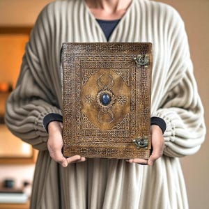 Pode incluir: Um di&aacute;rio de couro castanho com intrincados desenhos em relevo e uma pedra preciosa azul no centro. O di&aacute;rio apresenta um fecho de metal e um padr&atilde;o detalhado nas bordas. A capa inclui motivos de lua crescente e estrelas.