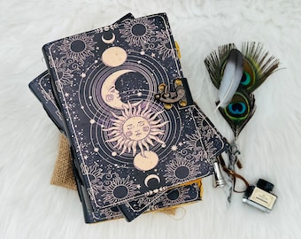 400 Page Celestial Sun & Moon Leather Journal - Handmade Spell Book with Deckle Edge Paper