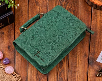Handmade Green Leather Bible Cover, Embossed Floral Design, Zipper Closure, Personalized Christian Gift
