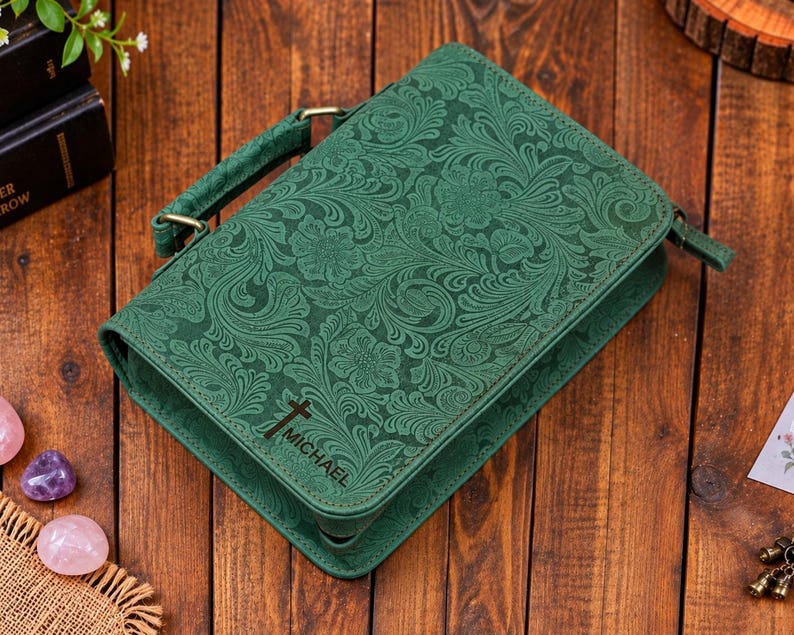 Religious Cross Pattern Handmade Green Leather Bible Cover, Embossed Floral Design, Zipper ...
