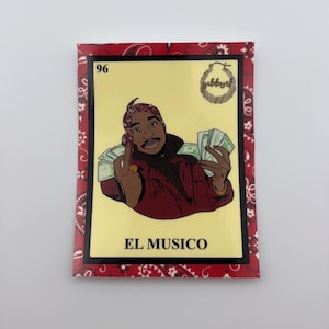 Lotería « El Músico » Tupac | Art hip-hop d'inspiration mexicaine | Sticker en vinyle pour ordinateurs portables, bouteilles d'eau et plus