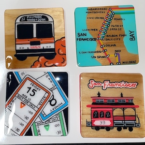 Juego de 4 posavasos personalizados pintados a mano de San Francisco Muni & Transit / Regalo único del área de la bahía de San Francisco / Decoración icónica de San Francisco para el hogar