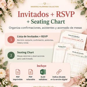Puede incluir: Una colección de planificación de bodas con plantillas digitales para listas de invitados, RSVP y planos de mesa. El documento incluye secciones para nombres, contactos y asignación de mesas en formatos PDF y XLSX.