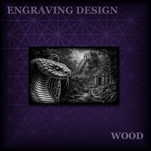 May include: Monochrome wood engraving depicting a cobra and a jungle temple. The text "ENGRAVING DESIGN" is at the top, and "WOOD" is at the bottom. The image is set against a purple geometric background.