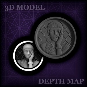 以下が含まれることがあります： 女性の顔のグレースケール3Dモデルとデプス・マップ。手で顔に触れています。女性は金網フェンスの前にいます。「3D MODEL」と「DEPTH MAP」の文字が表示されています。