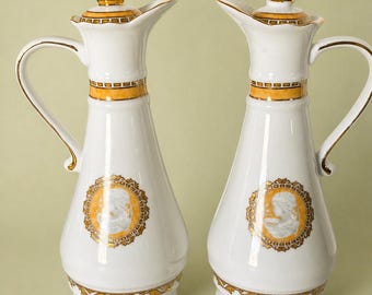 Juego de aceitera y vinagrera de porcelana bávara antigua, botellas con camafeo dorado, Alemania