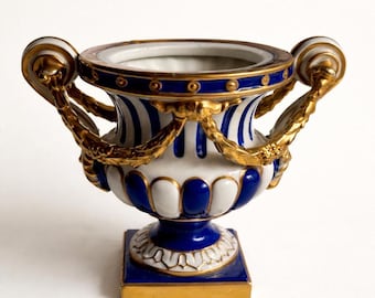 Capodimonte Blue & White Porcelain Urn Vase with Gold Handles  Neoclassical Pedestal Bowl