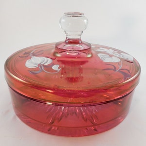 Vintage Ruby Cranberry Round Covered heavy glass trinket,bowl,jewlery box