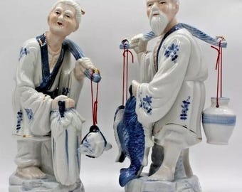 Zarte asiatische Porzellanfiguren asiatisches Fischer Paar groß CIRCA 1970er Jahre
