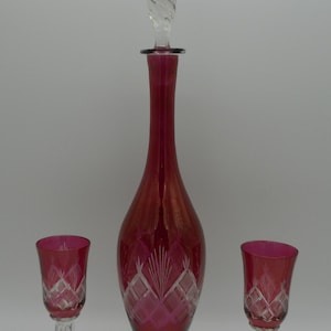 Bohemian ruby red etched cut glass decanter & 2 glasses CIRCA 1970s