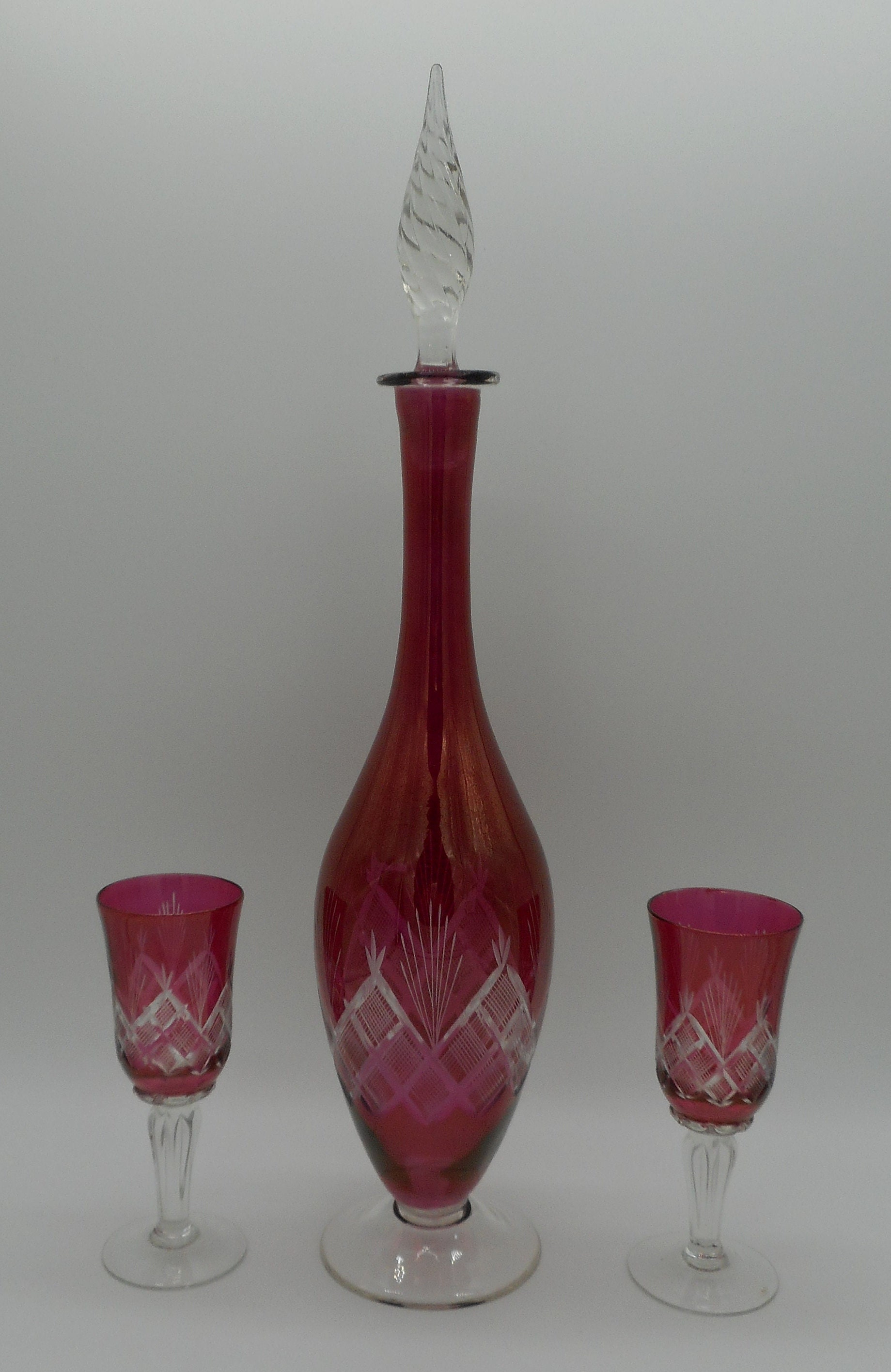 Bohemian Ruby Red Etched Cut Glass Decanter & 2 Glasses CIRCA 1970s - Etsy