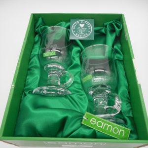 2 EAMON Etched glass Irish coffee mugs hand cut harp & shamrock CIRCA 1960s