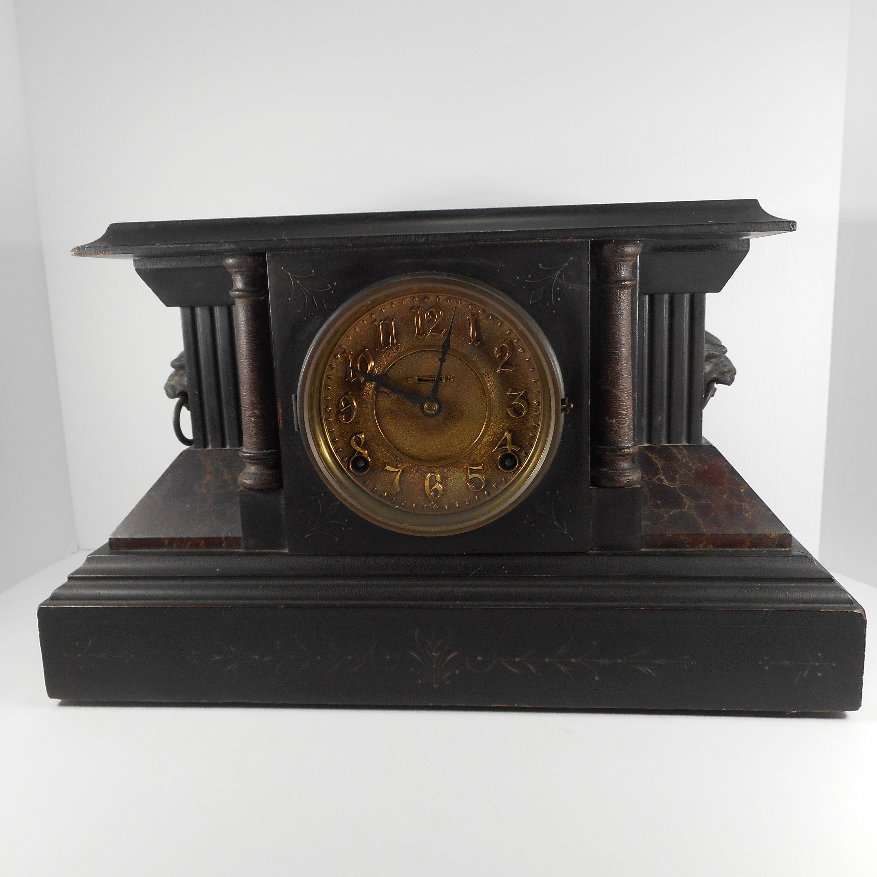 Antique Wood Empire Style Mantle Clock Lion's Head and Feet CIRCA 1910s