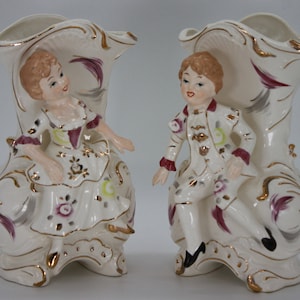Pair Vintage Victorian style porcelain white and gold floral vase CIRCA 1950s