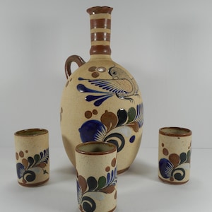 Vintage MC Mexican Tonala stoneware pottery ceramic bird Vases and Jar set