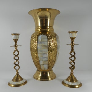 UNIQUE Vintage Brass Mother of Pearl Inlay Barley Twist Candle Sticks and Vase