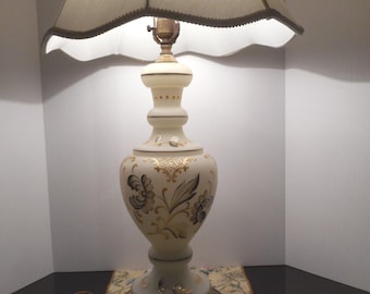 Vintage Bavarian Hand Blown Glass Lamp, Floral Gold Accents, Hollywood Regency Style