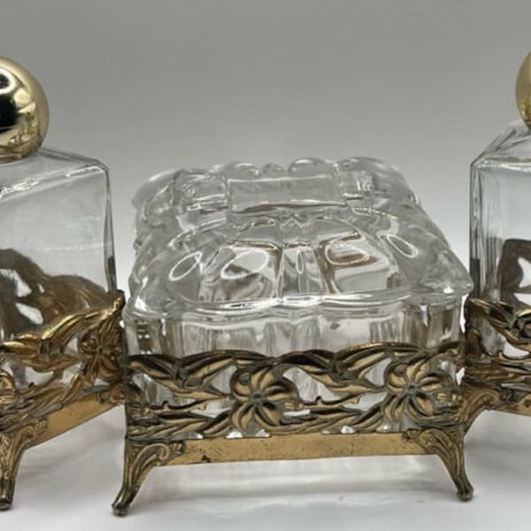 Set HOLLYWOOD REGENCY gold metal and glass trinket box vanity set CIRCA 1950s