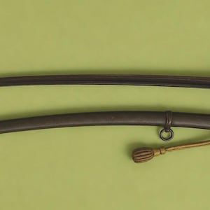 May include: A saber and scabbard set against a green background. The saber has a curved, dark blade and a brass hilt with a leather-wrapped grip. The scabbard is dark with a brass tip and a decorative cord.
