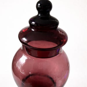 May include: A decorative glass jar with a rounded body and a lid. The jar is a deep purple color, with a glossy finish. The lid is a darker shade of purple. The jar is likely used for storage or display.
