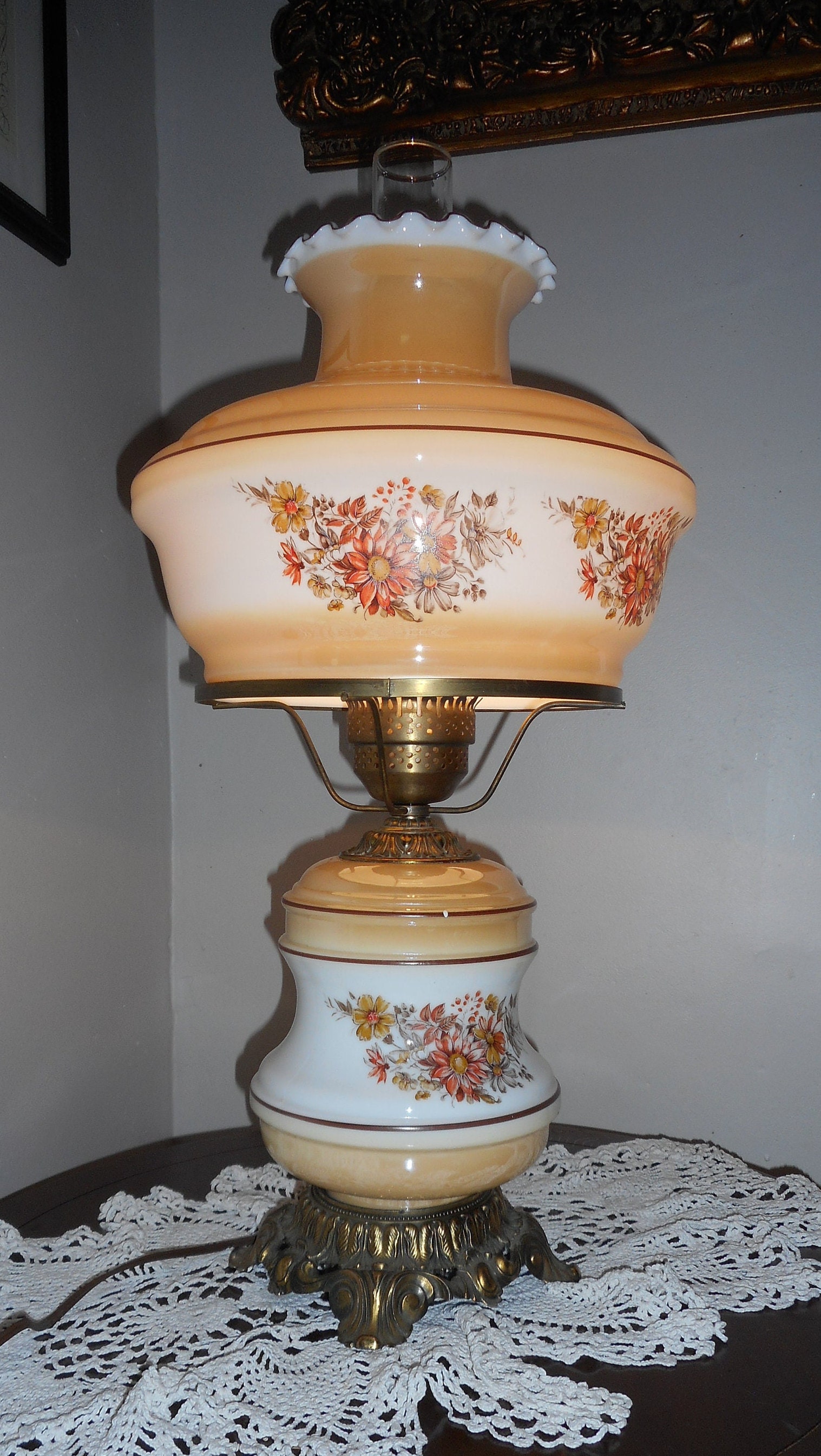 Vintage Hurricane Lamp White Tan Cream Beige Floral Tall 3 Way Lighting