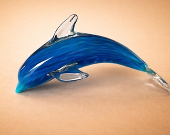 Blue Art Glass Dolphin Sculpture, Hand Blown Glass Figurine, Murano Style Dolphin, 1970s