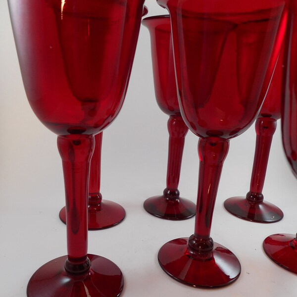 Vintage Hand Blown Ruby Red Stemware Goblets Glass Heavy Mid-century