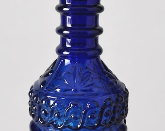 Decantador vintage de cristal azul cobalto con tapón, botella decorativa para bar con relieve, estilo MCM.