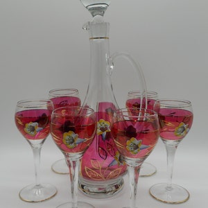 CZECH Glass hand painted floral Decanter & 6 vine glasses set CIRCA 1960s