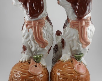 Pair Staffordshire Cavalier King Charles Spaniel dog Foo Dog style CIRCA 1960s