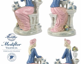 Figura de porcelana Mediflor Valencia Niña con gato Escena de jardín 33 cm España