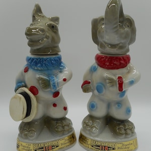 Pair JIM BEAM Republican Elephant & Democrat Donkey Clown Decanters CIRCA 1960s