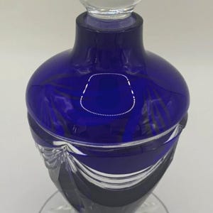 COBALT BLUE etched glass heavy perfume decorative bottle CIRCA 1960s