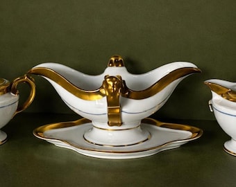 Antique Rosenthal Bavaria Empire Porcelain Set, Gold Gilt Creamer Sugar Bowl & Gravy Boat, Early 1900s