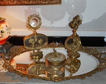 RARE FIND Ormolu Filagree Cherub Rose Dresser Vanity set CIRCA 1950s