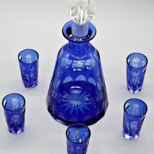 BOHEMIAN cobalt blue cut to clear crystal liquor glasses & decanter CIRCA 1960s