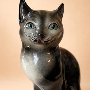 Vintage German Ceramic Cat Figurine 1960s Art Pottery Large Black Cat Green Eyes