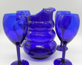 Set LOUIE GLASS Co.Harpo cobalt blue pitcher & 6 glasses CIRCA 1950s