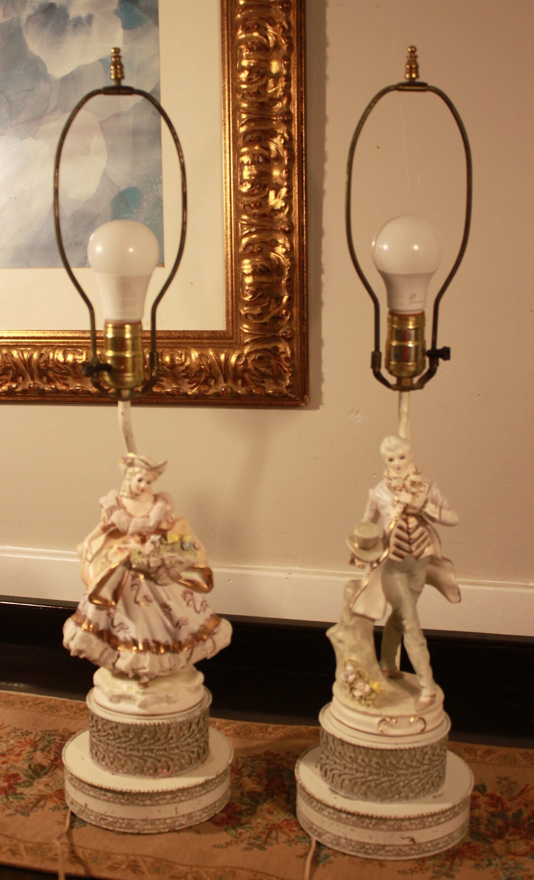 Pair French Provincial Style Bisque Figurine Ornate Decorative Lamps