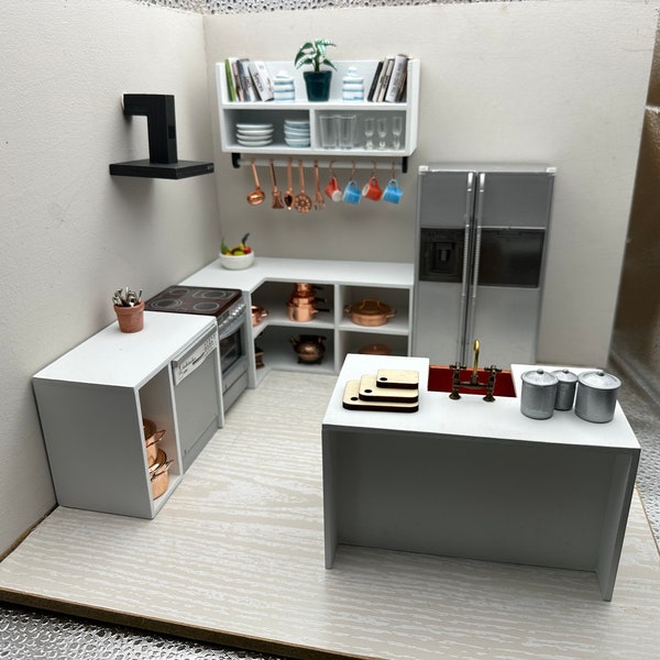 1:12 dollhouse modern white miniature kitchen assembled and painted - handmade