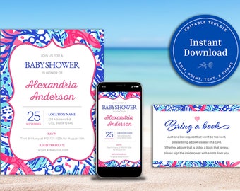 Lilly Inspired Baby Shower Invitation Set, Mobile Invite, Book Card (DIY Printable)
