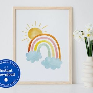 Rainbow & Sun Child Nursery Wall Art, bright bojo childrens room print,  Sunshine and rainbow Printable decor, 106