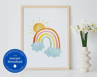 Rainbow Sun Nursery Print, Boho Kids Room Decor (Digital Download)