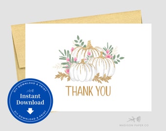 White Gold Pumpkin Thank You Card, Printable Instant Download, F104