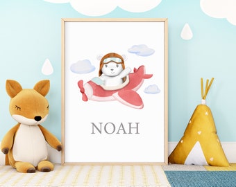 Personalized Child Wall Art, Baby Bear in Airplane Digital Download, Child Gift, 112