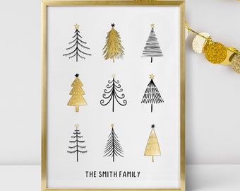 Personalized Christmas Decor Wall Art Gift, Black and Gold Christmas Trees, Digital Download, 113