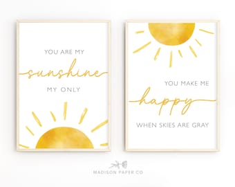 Sunshine Nursery Print Set, Yellow and White Decor (Digital Download)